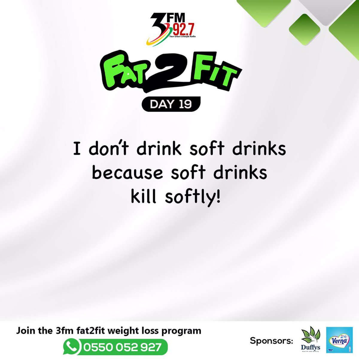 Fat2FitGh's tweet photo. Day 19 of Season 9 #3FMFat2Fit 60-Day Weight loss challenge. The reason you will not find fuzzy drinks on our meal plans. @3fm927
Fat2Fit; Lose Weight the Right Way! #fattofit #newyearnewyou #loseweightnaturally #fitness #eathealthyfood #diet #loseweightnow #weightlossjourney https://t.co/GGAmgzZ2FQ