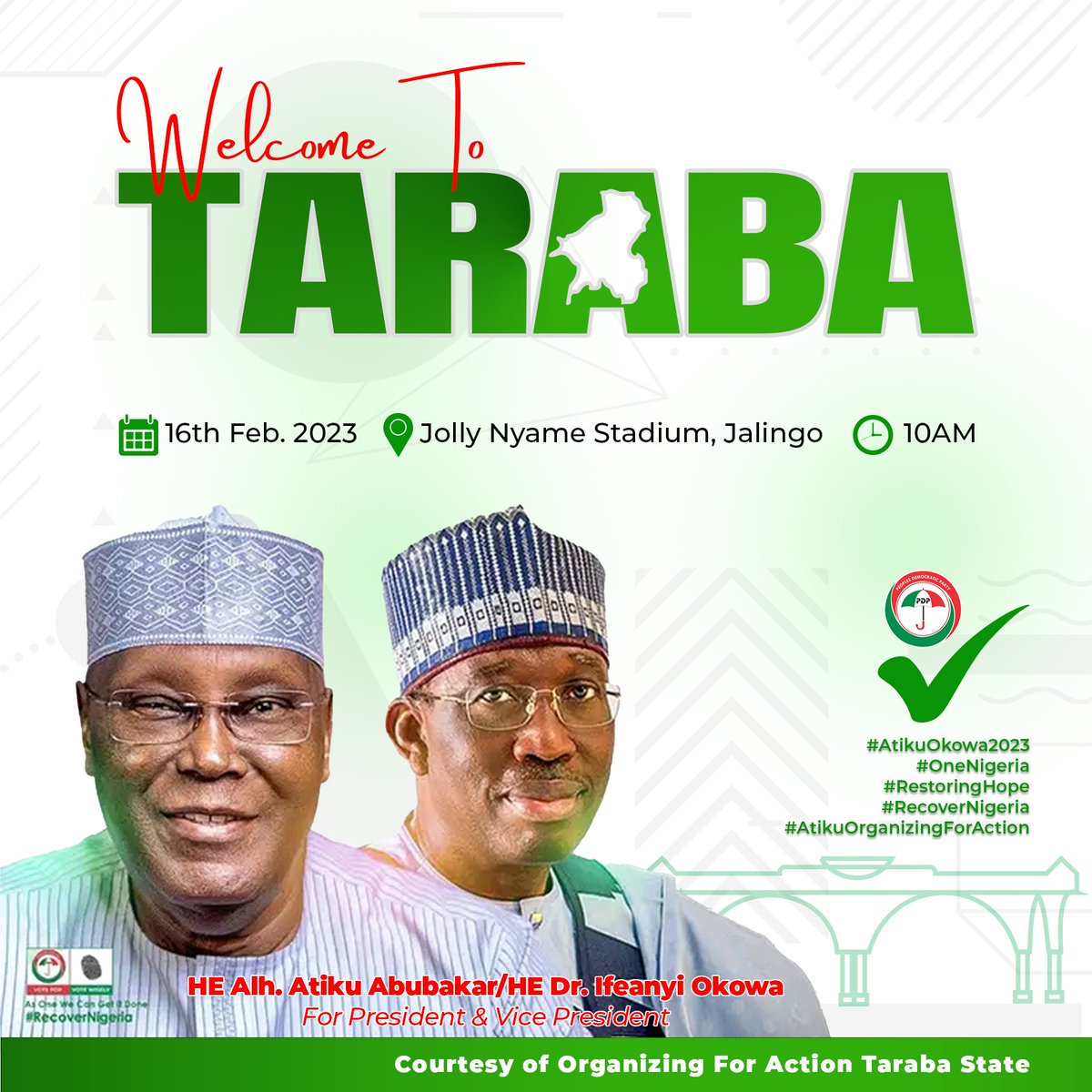 ama_idofi's tweet photo. #Atikuorganizingforaction Taraba State welcomes you to Jalingo the state capital.

As one, we can get it done! https://t.co/y1OqLpou1a