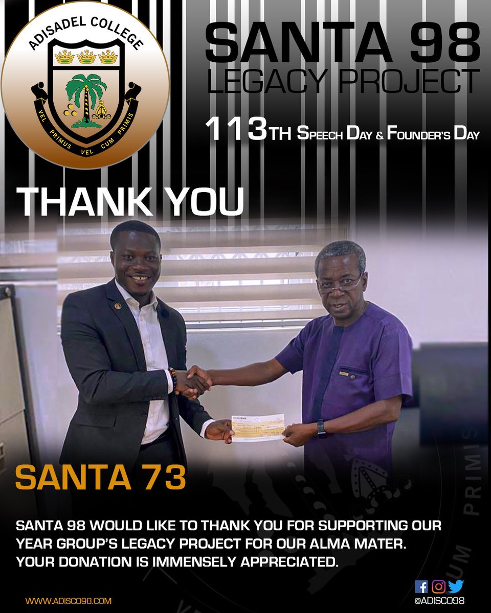 Adisco1998's tweet photo. Thank you Santa 73. We wish you well as you mark 50 years after leaving Adisadel College. Oziis, we appreciate your support.
#AdiscoSpeechday2023
#Santa98
#AdisadelCollege
#LegacyProject https://t.co/DFCHaNG9vc