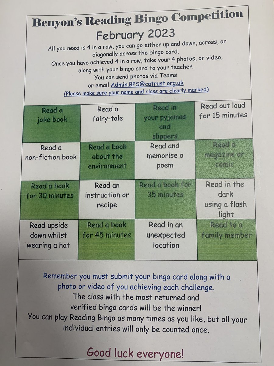 MinogueMiss's tweet photo. Benton’s Reading Bingo Competition. All you need is 4 in a row to take part in our half term break competition. Which 4 reading activities will you choose? @BenyonPS https://t.co/gsjx8sIUpF