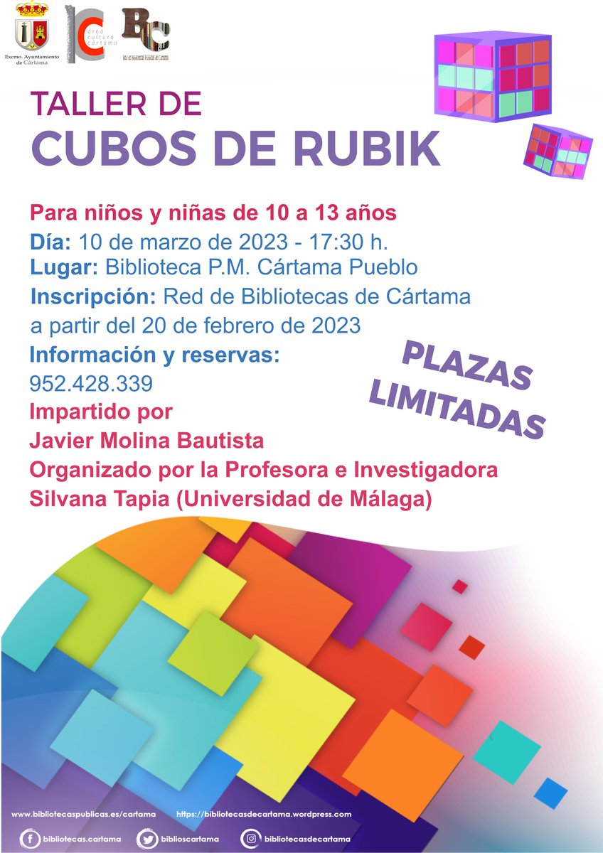 biblioscartama's tweet photo. ➡ 𝑻𝒂𝒍𝒍𝒆𝒓 𝒊𝒏𝒇𝒂𝒏𝒕𝒊𝒍 𝒅𝒆 𝑪𝒖𝒃𝒐𝒔 𝒅𝒆 𝑹𝒖𝒃𝒊𝒌 ⬅️
📆 Viernes 10 de marzo de 2023.
🕠 17:30 h.
📍 Biblioteca P.M. #Cártama Pueblo
‼️ Destinado a menores de 10 a 13 años.
‼️ Imprescindible la inscripción previa a partir del lunes 20 de febrero
#cubosderubik https://t.co/QXxcTrLdcz
