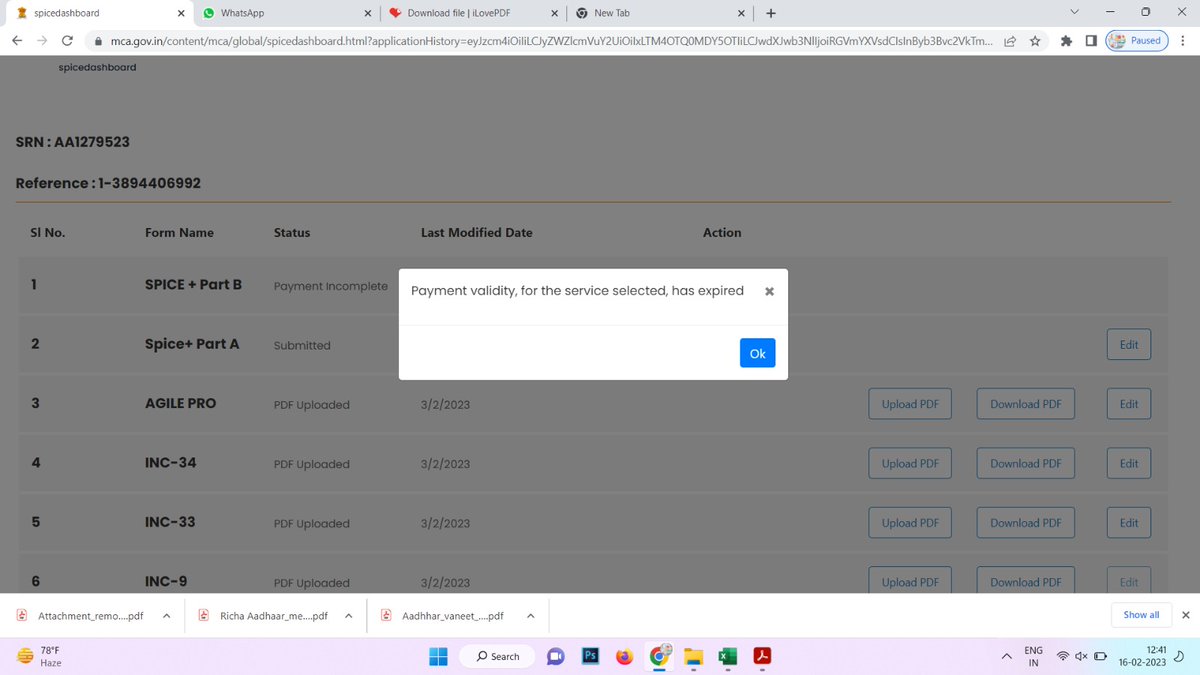 CSPriyanka_17's tweet photo. Applied Incorporation SRN AA1279523 unable to make payment
Raised complaint FO_20230130464046 
No solution provided payment option got expired
Trying to fill another form for the same but unable to submit new form due to pending SRN AA1279523 kindly cancel SRN AA1279523 #V3Errors https://t.co/AH0W4NZQQc