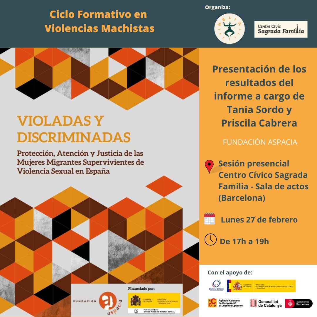 HeliaDones's tweet photo. 📢¿Cuáles son los principales obstáculos y dificultades de las mujeres migrantes supervivientes de violencia sexual en España?

Próxima sesión del #CicleFormatiuVM2023 a cargo de @AspaciaFund 

🗓Lunes 27/02 de 17h-19h en @centrecivicsafa 

📥Inscripciones https://t.co/IbxkBFFett https://t.co/ZvZUqnHAU2