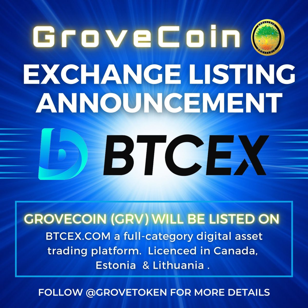 GroveCoin will be listed on <a href="/BTCEX_exchange/">BTCEX</a> 17th February!

Deposits - 09:00am UTC
Trading - 10:00am UTC

BTCEX are ranked top 30 on Coinmarketcap with 24 hour volume exceeding $25 million!