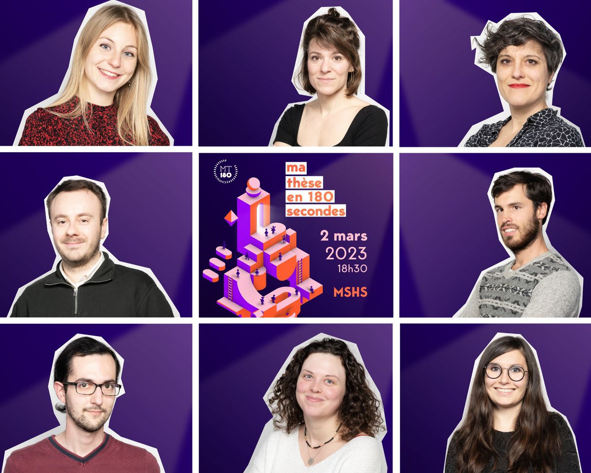 UnivPoitiers's tweet photo. [#MT180]

⚡️Ma thèse en 180 secondes approche !⚡

🕗L'@UnivPoitiers et l'@ISAE_ensma vous invitent à la finale locale le jeudi 2 mars à 18h30 à la @MSHS_Poitiers !

👀Venez découvrir les sujets de #recherche des 8 candidat•e•s !

🚨Inscrivez-vous : https://t.co/rAgrHYlYOY… https://t.co/Cjq24nuBr4