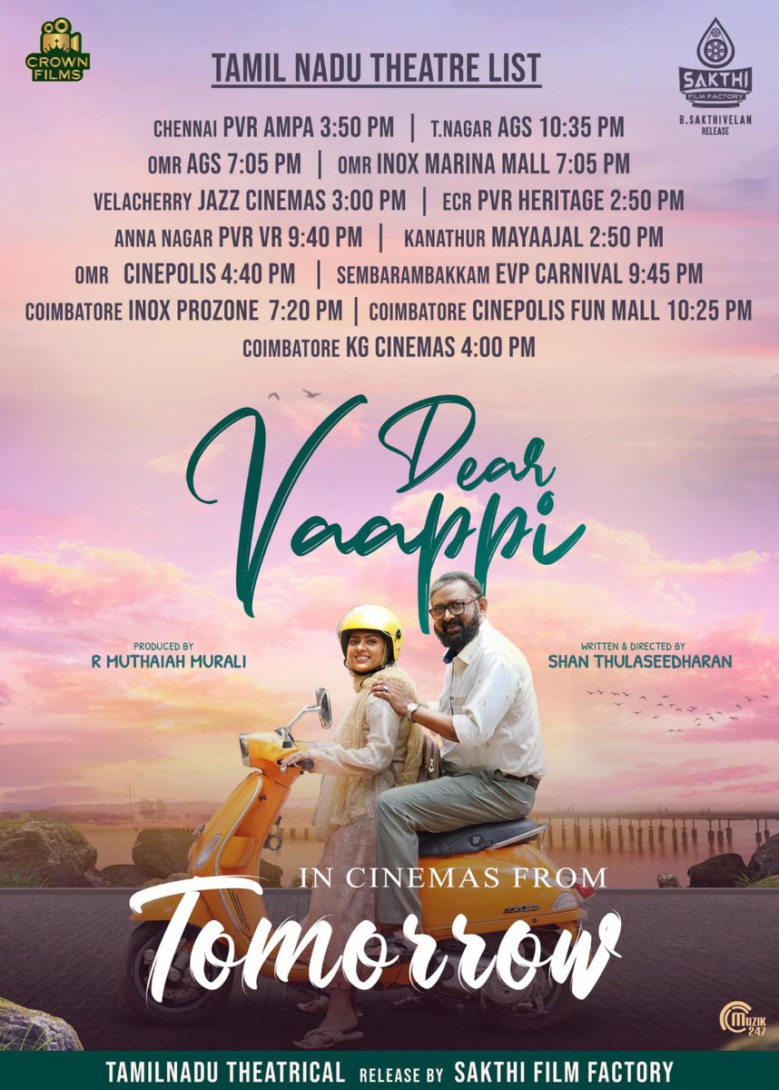 sekartweets's tweet photo. Tamil Nadu theatre list for #DearVaappi
In cinemas from tomorrow!
TN release by @SakthiFilmFctry
@LalDirector @ShanThulaseedh1 @crownfilms_ #Niranj #AnaghaNarayan https://t.co/xqvCvZTTZr