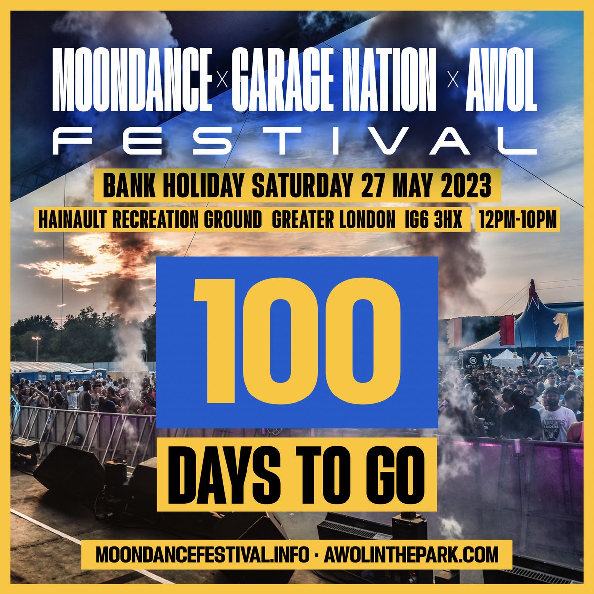 100 days till the massive Moondance x Garage Nation x AWOL Festival - the ultimate multi genre rave festival! Tickets already on 4th release – get yours NOW: skiddle.com/e/36261017