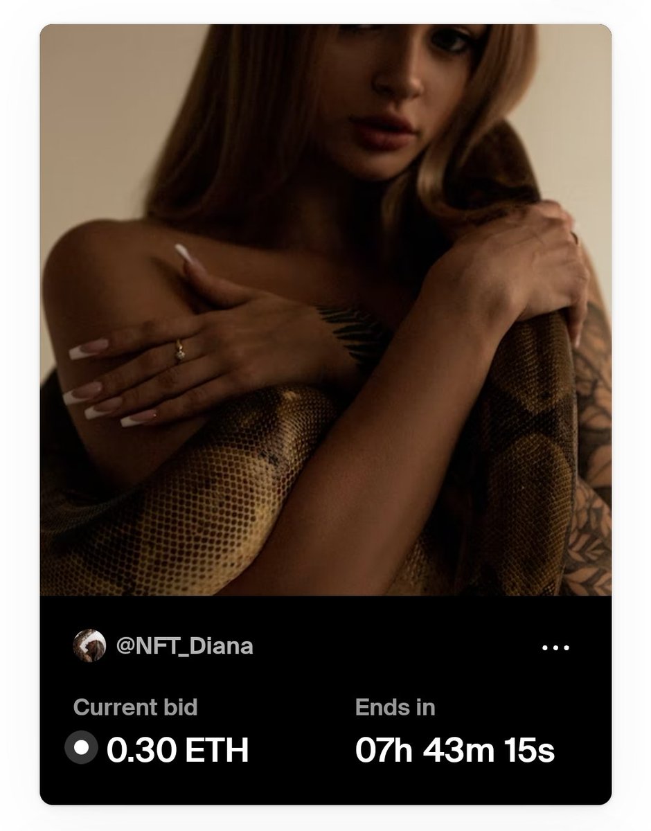 Diana (@body_di_nft) on Twitter photo GM fam 🥰
Have an amazing day!
By the way, there are less than 8hours left until the end of auction 💥
"Graceful" from my favourite Le Serpent series on <a href="/foundation/">Foundation 🌐</a> 🐍
One more piece left 🥹
#nft #FND #opensea #auction GM fam 🥰
Have an amazing day!
By the way, there are less than 8hours left until the end of auction 💥
"Graceful" from my favourite Le Serpent series on <a href="/foundation/">Foundation 🌐</a> 🐍
One more piece left 🥹
#nft #FND #opensea #auction