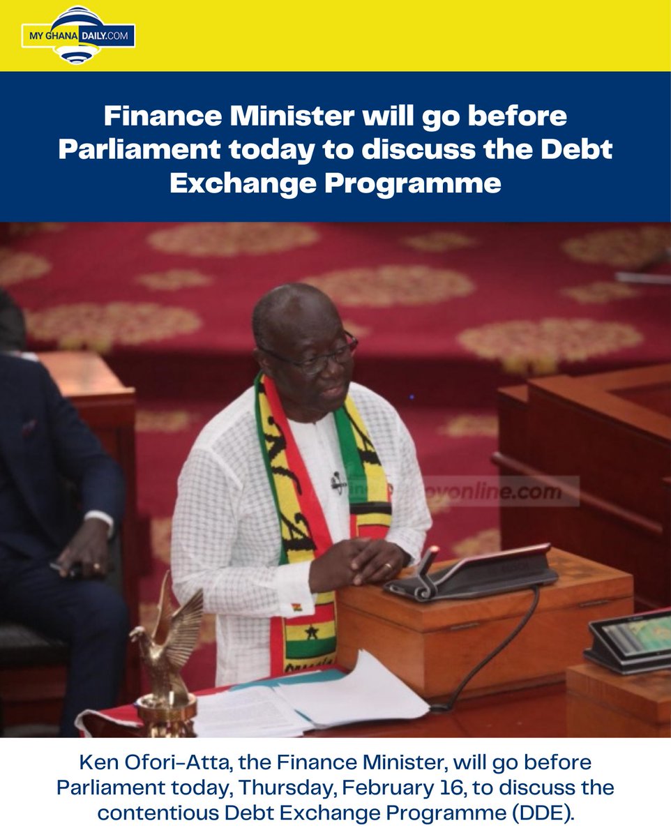 Ken Ofori-Atta, the Finance Minister, will go before Parliament today, Thursday, February 16, to discuss the contentious Debt Exchange Programme (DDE).

The Minister will be briefing the House on the exercise.

#GhanaDaily  #TheBigBreakfast 

Source: Myjoyonline