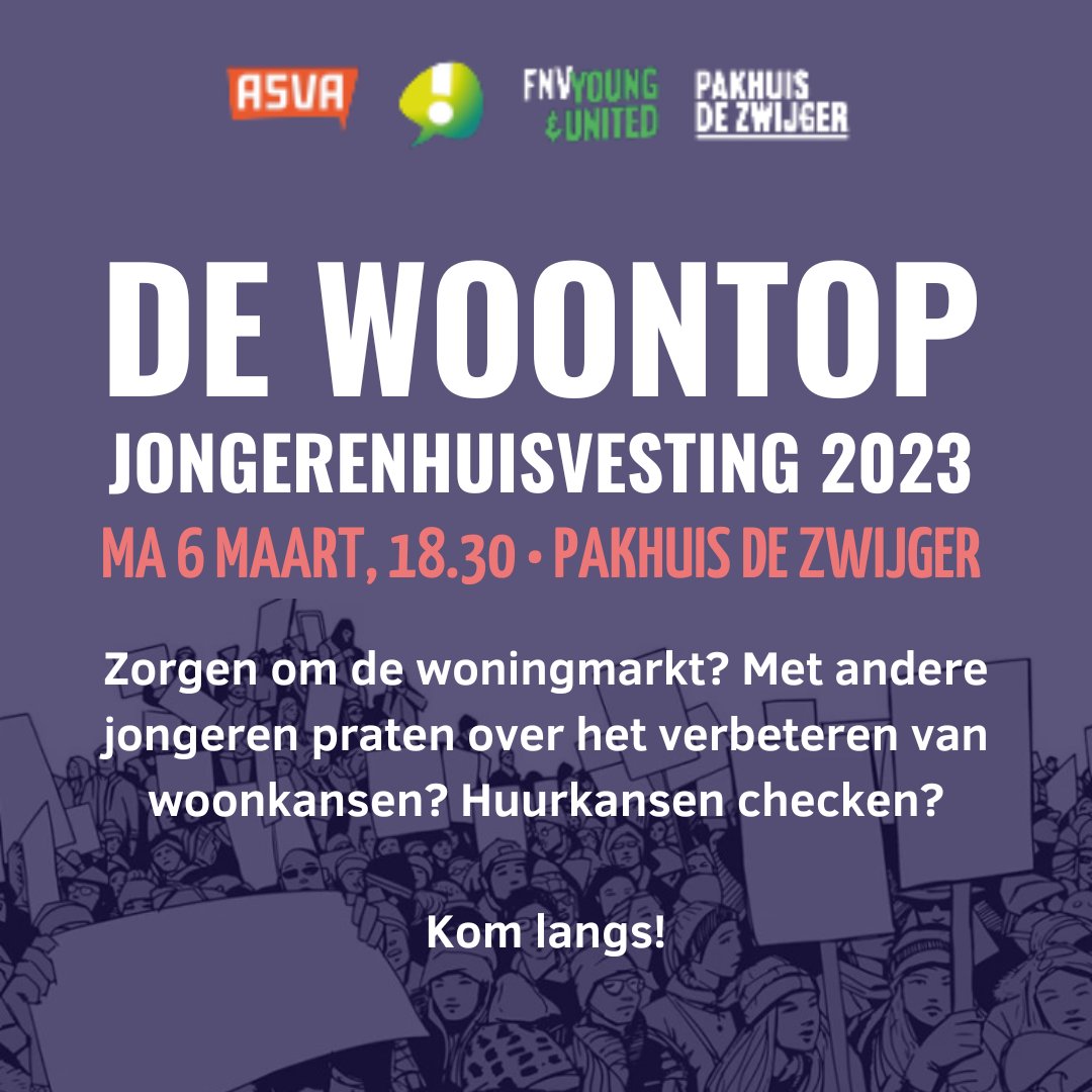 . MeldBen je tussen de 16 en 34 jaar? Wil jij meer leren over jouw rechten als huurder? Wil je alternatieven horen om jongerenhuisvesting eerlijker en betaalbaarder te maken? Kom naar de Woontop op 6 maart 18.30 uur: bit.ly/3KhaY25