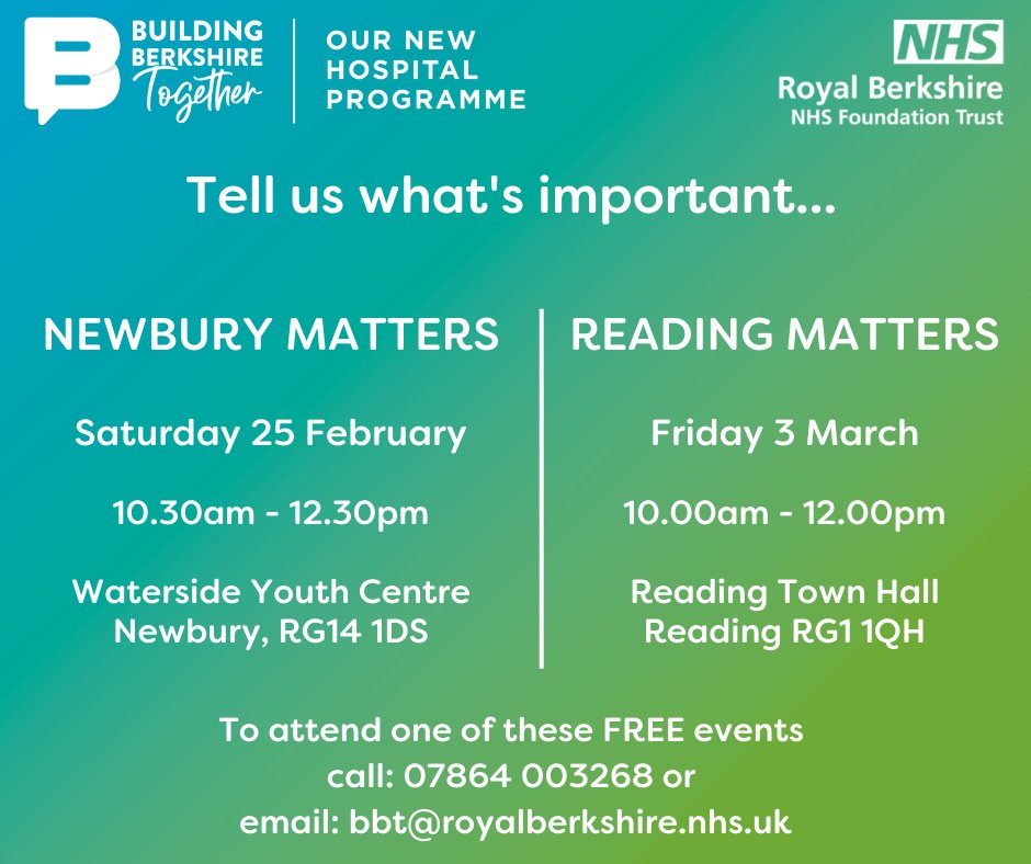 #SAVETHEDATE: #Reading Friday 3rd March 2023, 10.00-12.00pm Reading Town Hall. Have your say about the #NewHospital programme. #FreeEvent #Not2bmissed @CitAdvReading @ReadingTodaysM @acrereading @RightsReading @RBNHSFT @BuildingRBH @nhsbobicb @royalberksmvp @HomeStartRDG