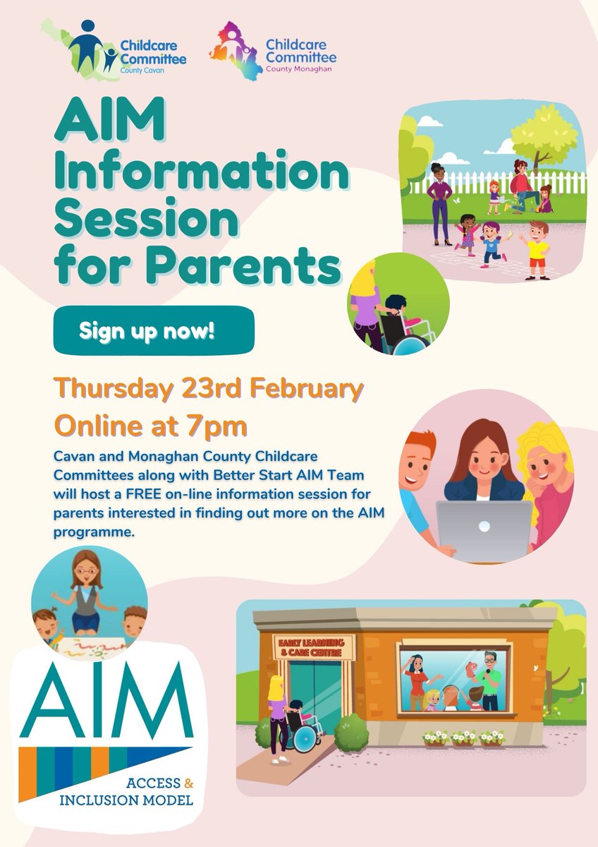 BetterStart_Irl's tweet photo. An AIM Info Session for Parents will be held online at 7pm, Thursday 23rd of February.
Cavan and Monaghan CCCs with Better Start AIM will host a free online info session for parents interested in finding out more on the AIM programme.
please register below
https://t.co/oKmn6HNF6C https://t.co/7ns9kOCdaT