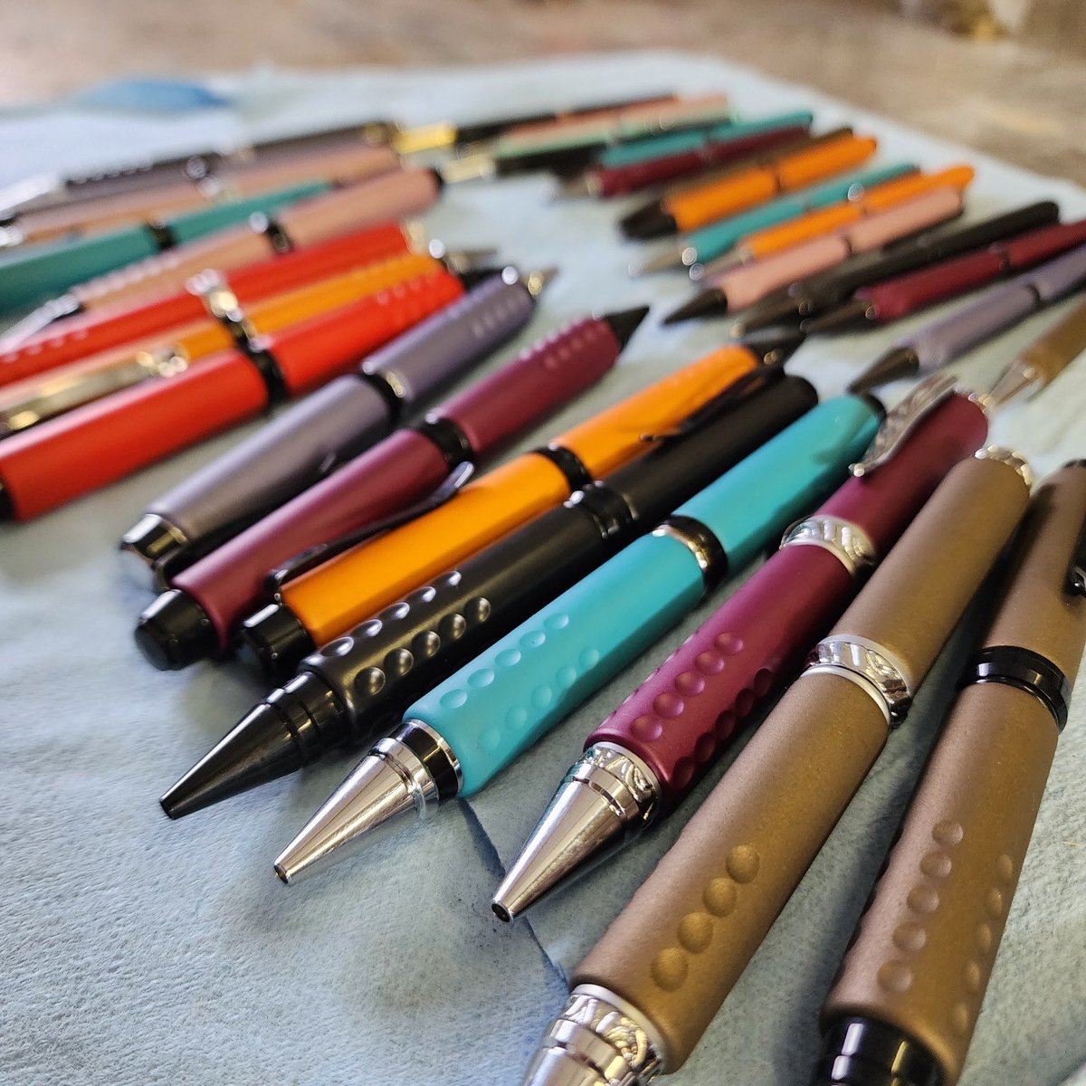 QuestfortheSalt's tweet photo. Here is a close up shot of all the colors I currently offer. If you appreciate a fine writing instrument please give a pen custom made by a 100% blind man. Have a blessed day,Dan https://t.co/FDlSMKUo4e