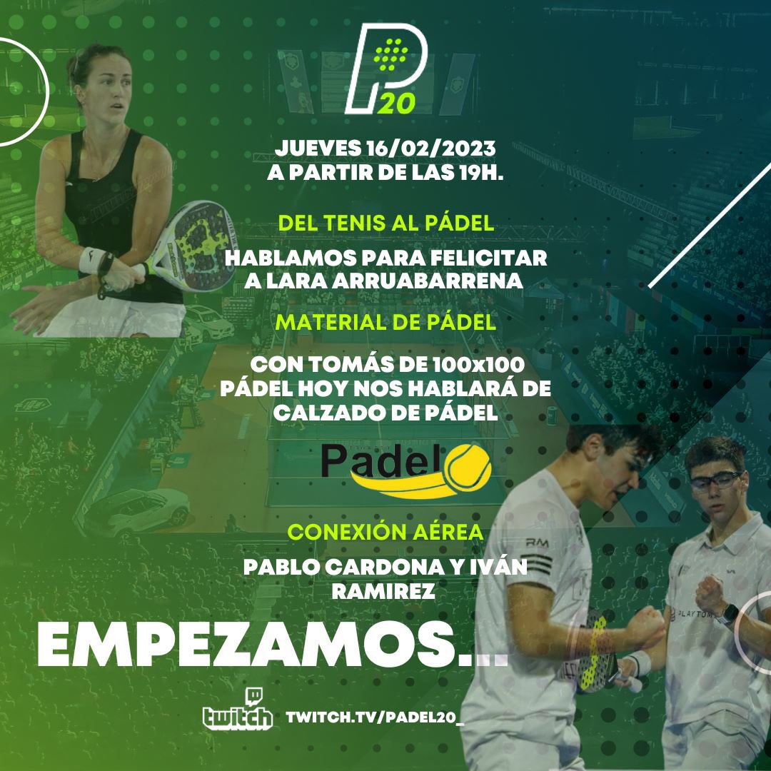 📺 A las 19h DIRECTO de <a href="/padel20/">Padel 2.0</a> en <a href="/TwitchES/">Twitch ES</a> 

👏 Del tenis al pádel 
🗣 Lara Arruabarrena

🎾 Material de Pádel
Tomas de <a href="/100x100Padel/">100x100Padel</a> nos hablará de calzado de pádel

✈️ Conexión Aérea
Pablo Cardona &amp; Iván Ramírez

👉 twitch.tv/Padel20_

#Padel #PadelenTwitch #ElPadelUne