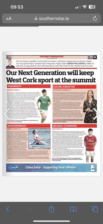 Ger McCarthy (@germccarthy74) on Twitter photo A good day for <a href="/shssclon/">Sacred Heart Secondary School</a> with 5 former/current students listed in <a href="/SouthernStarIRL/">The Southern Star</a> <a href="/WestCorkSport/">Southern Star Sport</a>’s Next-Gen 32 rising sports stars to watch out for in 2023 and beyond.
Millie Condon, Katie O’Driscoll, Orlaith Deasy and Moya Knowles A good day for <a href="/shssclon/">Sacred Heart Secondary School</a> with 5 former/current students listed in <a href="/SouthernStarIRL/">The Southern Star</a> <a href="/WestCorkSport/">Southern Star Sport</a>’s Next-Gen 32 rising sports stars to watch out for in 2023 and beyond.
Millie Condon, Katie O’Driscoll, Orlaith Deasy and Moya Knowles