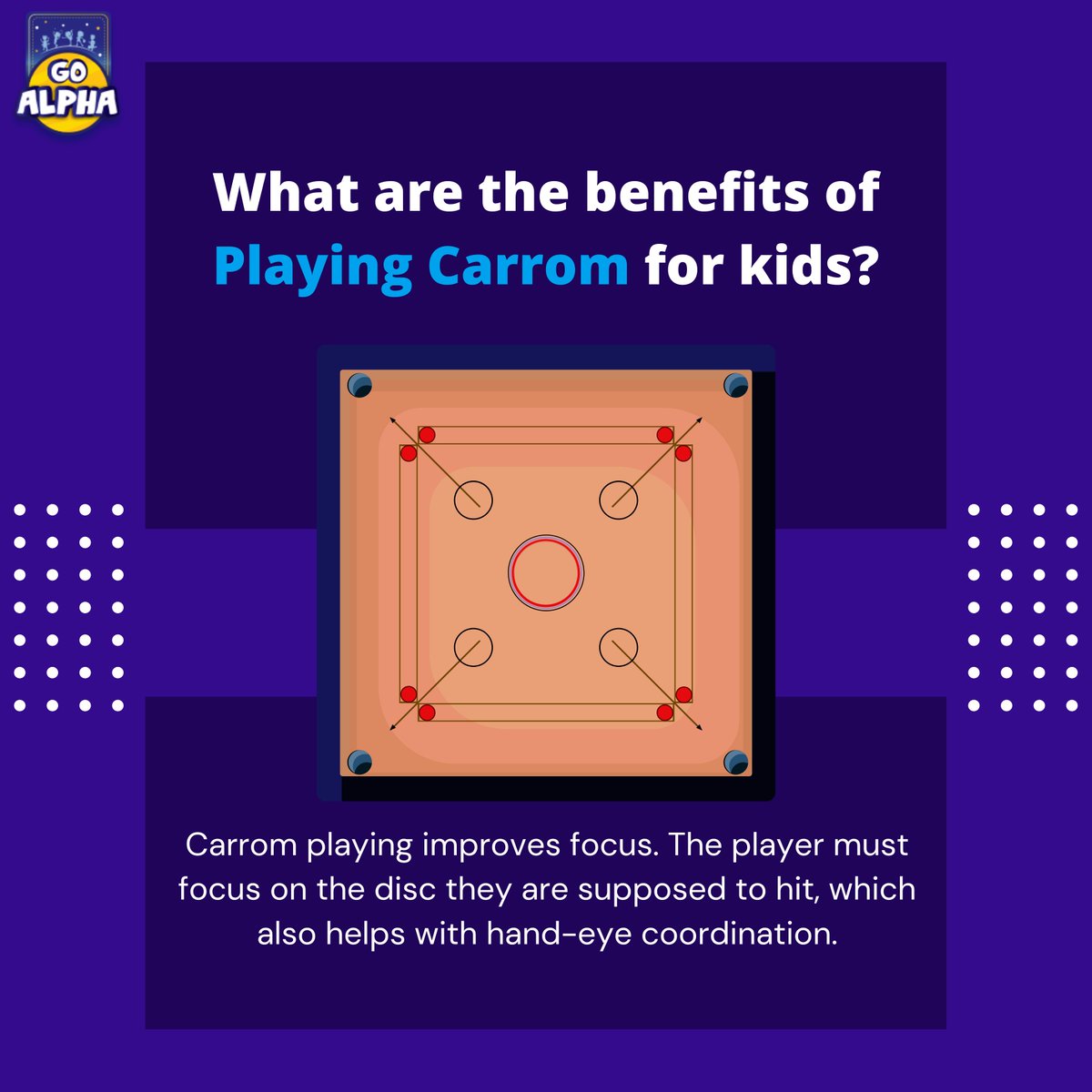 Carrom playing improves focus. The player must focus on the disc they are supposed to hit, which also helps with hand-eye coordination.

#sportsforkids #toddlertraining #learningwithfun #preschool #kidsnursery #kindergarten #education #earlychildhoodeducation #childcare