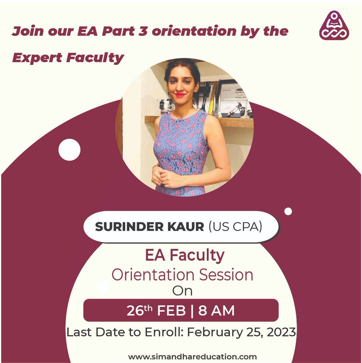 The EA part 3 orientation will take place on 26/02/2023 at 8 AM, by our expert faculty, Surinder Kaur, US CPA. 
Last date for registration: February 25, 2023
Hurry up!
Register Now:bit.ly/3XzqWaG
#EACourse #eajobs #ea #changinglivesforbetter #eastudents #orientation