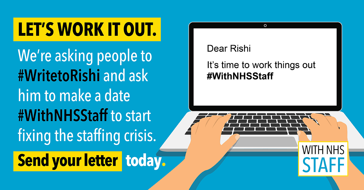 nhsunions's tweet photo. NHS staff have asked the PM to make a date with health unions and start to work things out #WithNHSStaff. Read our open letter and #WritetoRishi today to back our call 👉 https://t.co/1xFMeUmMN5 https://t.co/MdUDL5srmy