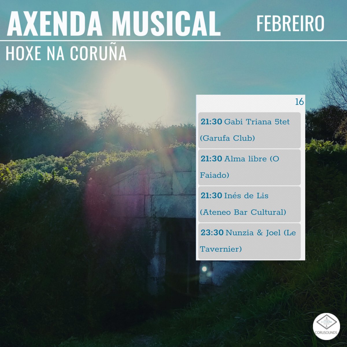 Hoxe na Coruña... 
.
.
.
Podes ver todos os concertos programados este ano en: corusounds.emiweb.es/agenda
#ACoruña #Coruña #AxendaMusical #AgendaMusical #Musica #Concertos #Concertos #Cultura #culturaparatodos #CulturaSegura