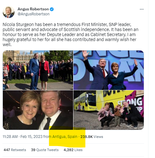 ChrisMusson's tweet photo. Scot Gov Constitution Secretary Angus Robertson - tipped as a front-runner to succeed Nicola Sturgeon - looks to be on holiday in Antigua, Spain

They don' t call him Air Miles Angus for nothin'. Said to be heading back.. https://t.co/D3kO0Nvq0s