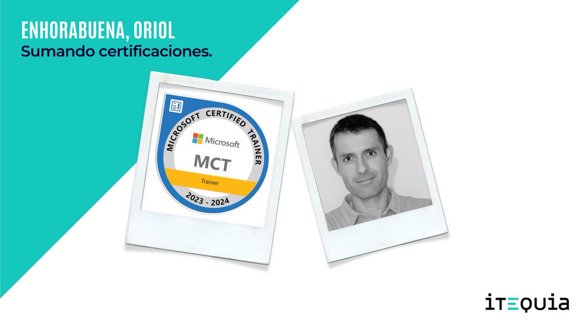 Itequia's tweet photo. Oriol Fernández renueva, un año más su certificación Microsoft Certified Trainer. ¡Enhorabuena por estos 15 años como Instructor Certificado de Microsoft!
#MicrosoftCertifiedTrainer #microsoftcertified #MCT #Itequia #certificados #Congrats #Enhorabuena #Microsoft https://t.co/7PLVOrgeRz
