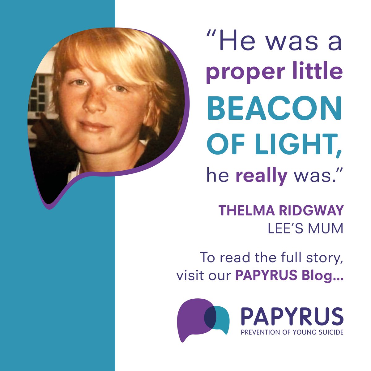 “We’re still a family of 4, we still have 4 children. Penny, we hold in our arms, Lee we hold in our heart.'💜 In our latest blog, Thelma talks about her son Lee, who sadly took his life in 2016, and the work of Lee's Sunshine Fund. Read the blog here: papyrus-uk.org/lees-sunshine-…