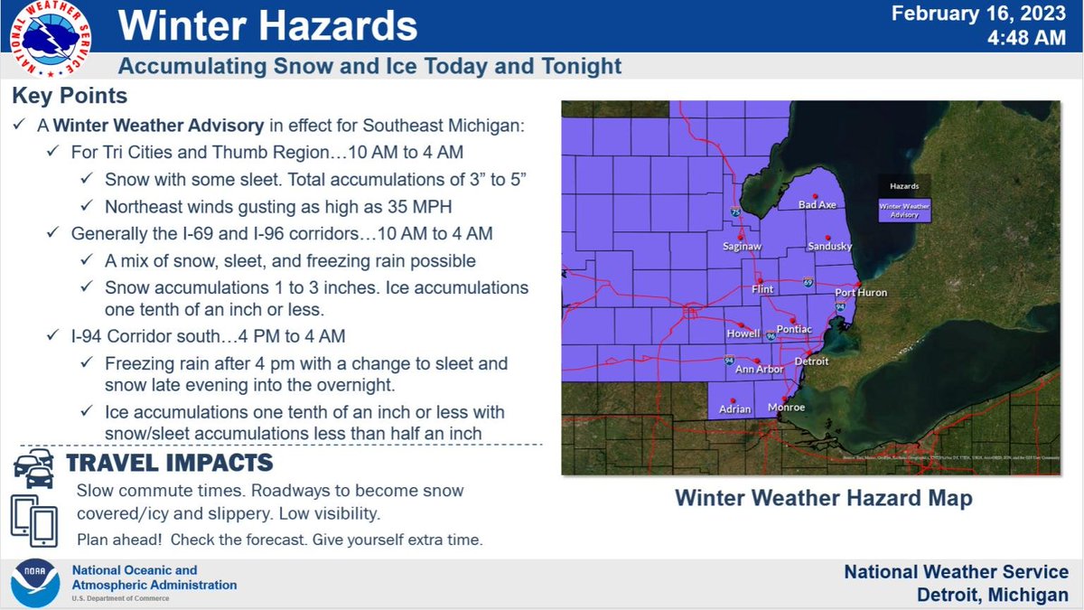 A Winter Weather Advisory is in effect into tonight beginning at 10 AM to the north of I-696/96 and 4 PM further south. A wintry mix of snow, sleet and freezing rain is expected with rain changing to a wintry mix south later today. #miwx