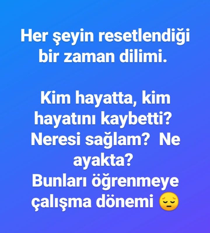 Antakya-Hataylı  ve depremde Antakya’da olan birisi olarak her şey resetlendi. 
Geriye ne kaldı? 
Ne yapacağız? 
Acımızı yaşarken bizler gibi milyonlarca insan için durum bu. 

#Antakya #Hatay #Adana