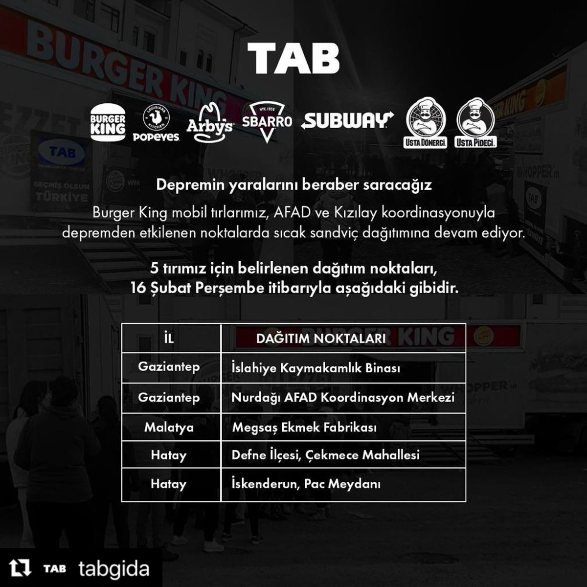 İlk günden beri yetkili kurum ve kuruluşlarla koordineli yürüttüğümüz desteklerimizi sürdürüyoruz. 16 Şubat Perşembe itibarıyla 5 tırımız ile belirlenen noktalarda sıcak sandviç dağıtımına devam ediyoruz. Depremin yaralarını beraber saracağız.