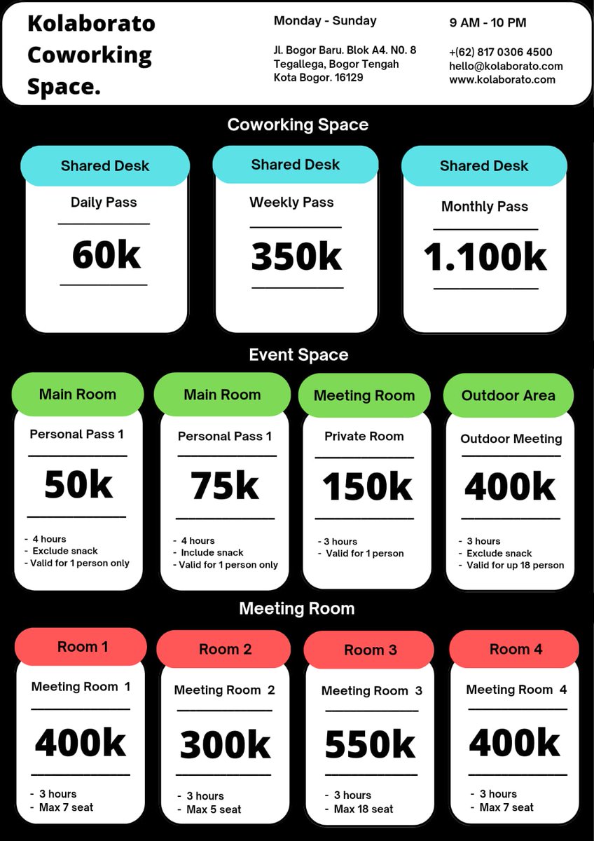 Coworking space di Kolaborato cocok untuk kalian yang ingin kerja di tempat yang lebih kondusif &amp; nyaman, dengan fasilitas yang lengkap dan harga yang terjangkau. 
Phone/WhatsApp: 081703064500 
Twitter &amp; IG : <a href="/kolaborato_id/">Kolaborato</a>
Web : kolaborato.com