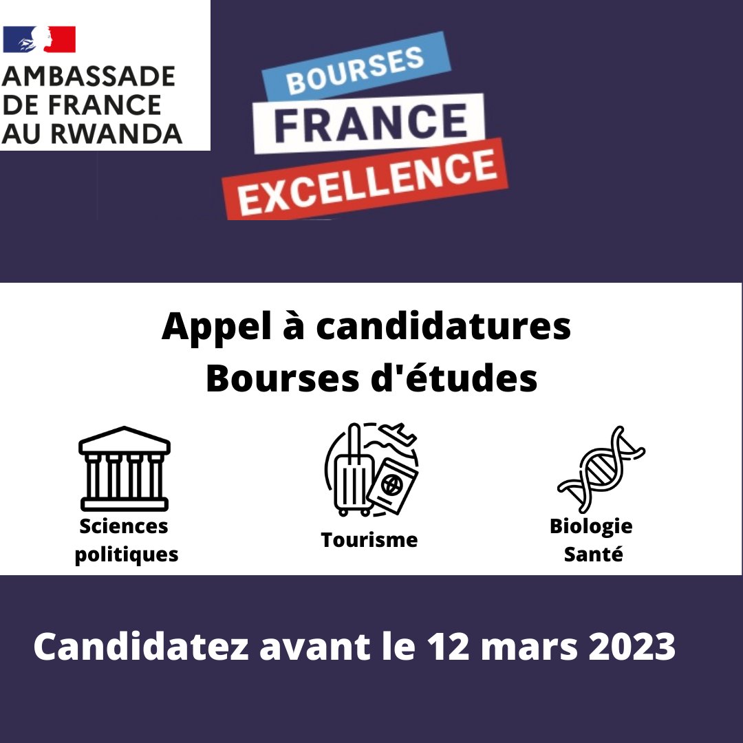 CampusFranceRw's tweet photo. [Bourses France Excellence] @ambafrancerwa offre des bourses d'études🎓pour des étudiants rwandais🇷🇼 pour un #Master de 2 ans dans les domaines suivants: #sciences #politiques, #tourisme, #biologie-#santé

👉Candidatez avant le 12 mars 2023
Plus d'infos: https://t.co/wrONF9UaNX https://t.co/92v1gcj5Mx