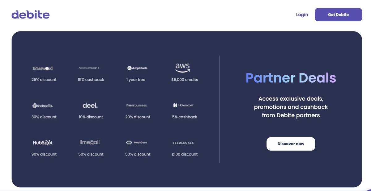 Debite_io's tweet photo. Introducing Partner Deals - exclusive offers, discounts and cashback from top brands to help grow your business for less 🔥 
Plus, earn 4% cashback on all Partner Deals when you pay with your Debite card. 

Apply now and start saving! 

#Debite #Startups #SpendandSave https://t.co/0cdNCn07l4