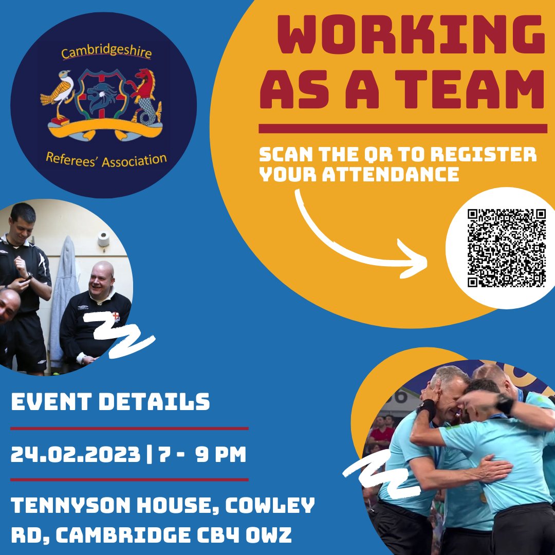 CambsRA's tweet image. 🤝WORKING AS A TEAM 

🗓24.02.2023 

⚽️An opportunity to come network, learn and develop, alongside other referees. 

🖥️Sign up to our event via the QR code or link below!

@CambsFAReferees @CambsFA 

docs.google.com/forms/d/e/1FAI…