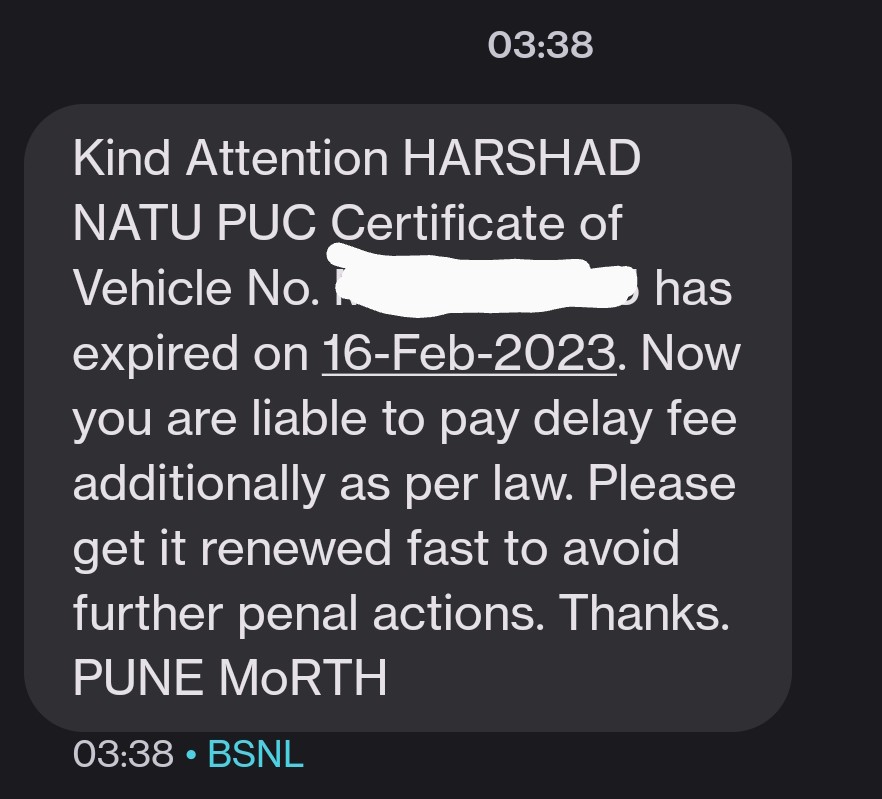 HarshadNatu's tweet photo. @MORTHRoadSafety @PuneCityTraffic @PuneCityPolice Received this message today.. The PUC is valid till 16th Feb.. How I'm liable for delay fee on 16th? Is this a joke? 
Pl confirm if this is a spam message 
#Pune #Traffic #RTOPune https://t.co/CnnTCVgKc9