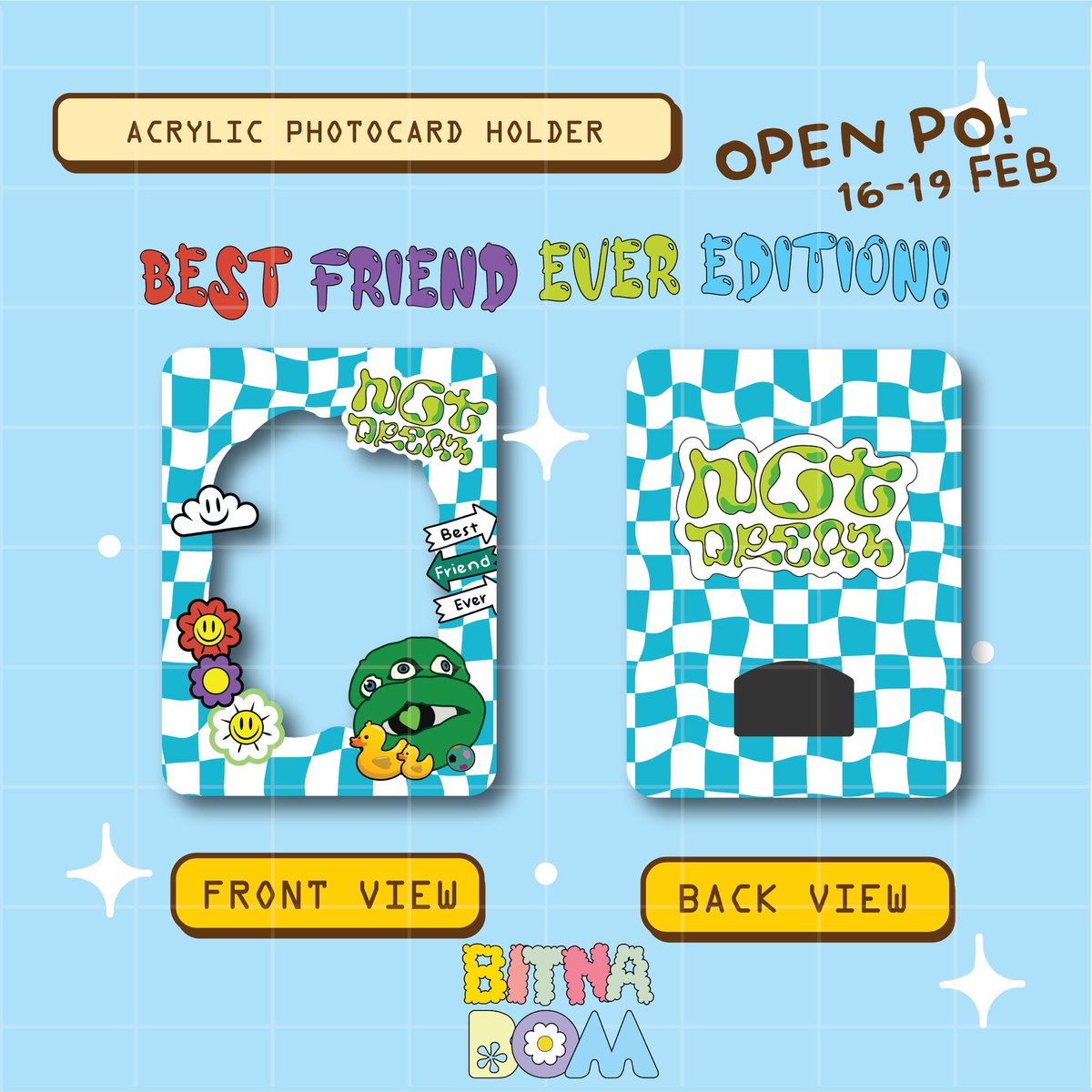 bitnabom's tweet photo. [OPEN PRE ORDER]

Finally, we are launching our first acrylic photocard holder collection  NCT Dream  “Best Friend Ever” edition! 

Price: 65k (DP 35k)
PO: 16-19 Feb

Yuk ikut PO dan jangan sampai gak kebagian ya cause the slots are very limited! 🌸❤️
https://t.co/ob01wG6PsO https://t.co/xkwQ3ORfk7