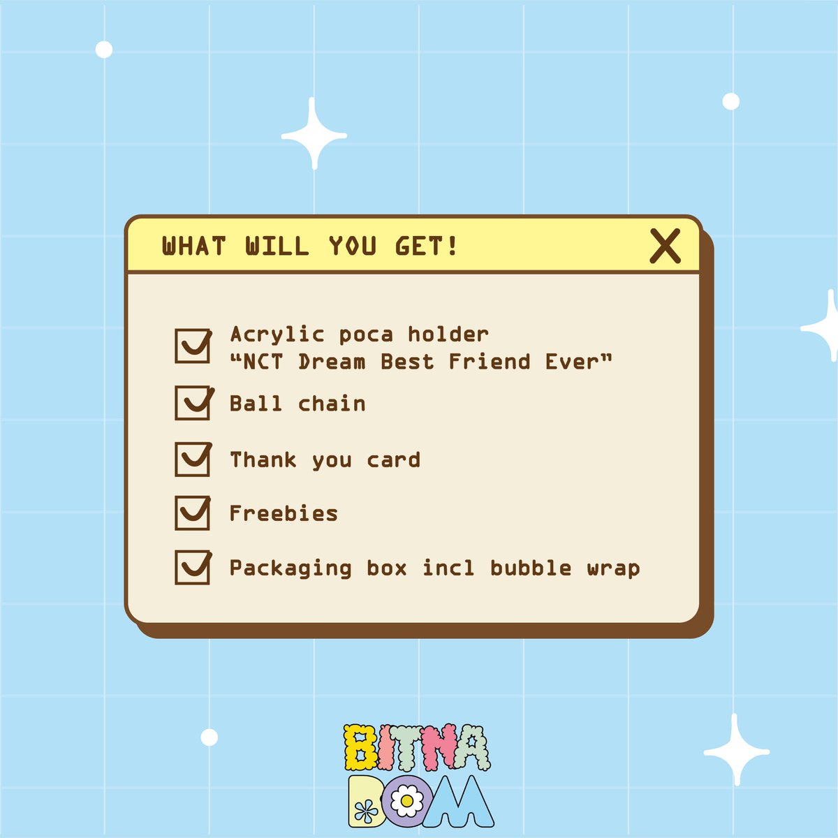 bitnabom's tweet photo. [OPEN PRE ORDER]

Finally, we are launching our first acrylic photocard holder collection  NCT Dream  “Best Friend Ever” edition! 

Price: 65k (DP 35k)
PO: 16-19 Feb

Yuk ikut PO dan jangan sampai gak kebagian ya cause the slots are very limited! 🌸❤️
https://t.co/ob01wG6PsO https://t.co/xkwQ3ORfk7