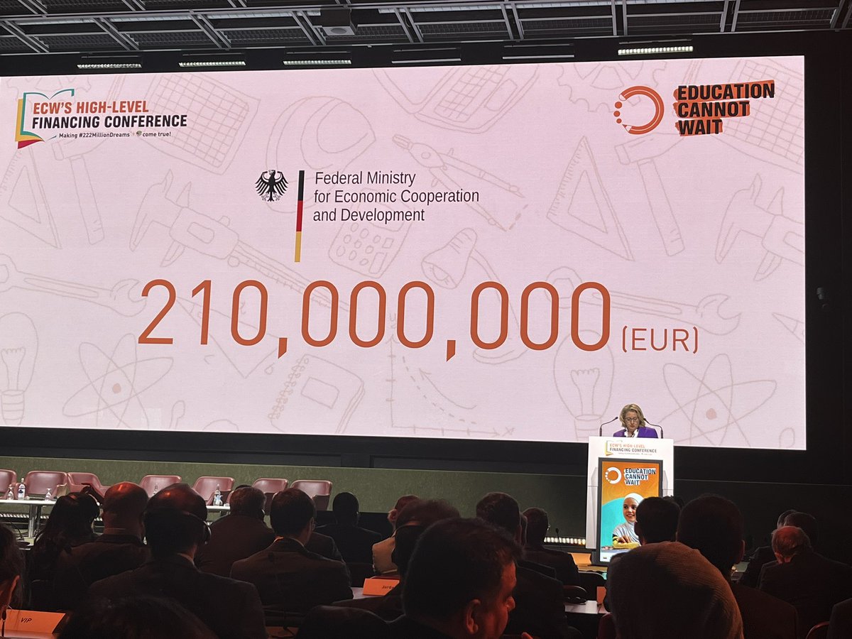 micksheldrick's tweet photo. “We will not leave you behind” promises Minister @SvenjaSchulze68 to the #222M children in need of urgent education support. #Germany is ECW’s largest donor to date, and today pledged an additional €210M at the #HLFC2023 🇩🇪✏️ https://t.co/04jWZDJALS