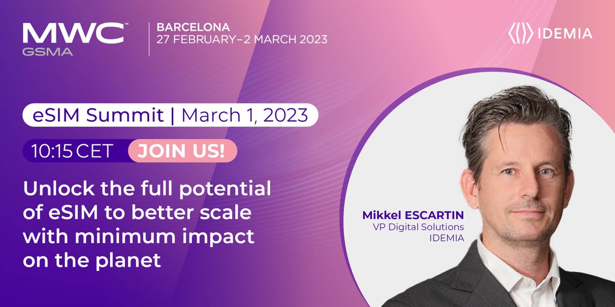 IDEMIA_IST's tweet photo. Will you be at #MWC23? Don't miss Mikkel Escartin who will be taking the stage at the #eSIMSummit for a discussion on how we can unlock the power of eSIM to scale your business and limit the impact on the planet 🌍 

🕐 March 1st at 10:15 CET
📍 Theatre 6, Hall 7
@MWCHub https://t.co/gfQiAbBdoh