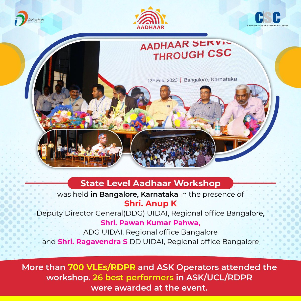 CSCegov_'s tweet image. State level Aadhaar workshop was held in Bangalore, Karnataka by CSC for its 700 VLEs / RDPR and ASK operators. Twenty-six best performers in ASK/ UCL/RDPR were felicitated at the event.  #DigitalIndia #Aadhaar