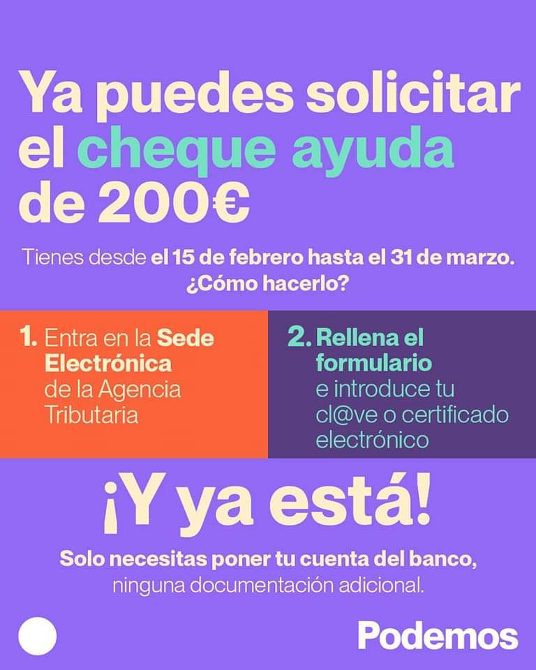 Podemos_Mijas's tweet photo. ‼️ Ya se puede pedir el CHEQUE AYUDA de 200€ impulsado por el Gobierno.

ℹ️ Info y solicitud aquí: https://t.co/XV3DltCEqO https://t.co/Rj7ETtSIex