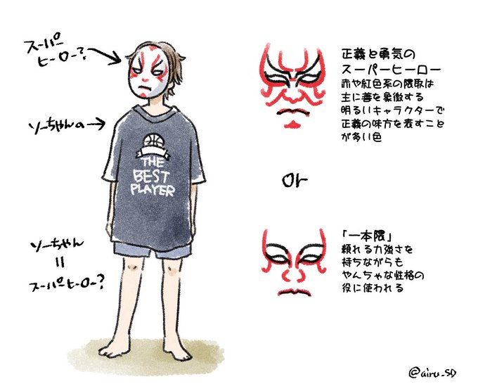これ隈取のサイトを見て書いてみたやつなんだけど、似てるのこの一本隈?かなて思ったんだけど、どうなんだろ…
ソーちゃんのTを着てソーちゃんに似てるヒーローのお面をつけてるのって、単にソーちゃんを思い出してるのか、ソーちゃんになりたいのか、ソーちゃんのかわりになろうとしてるのかで大分→ 
