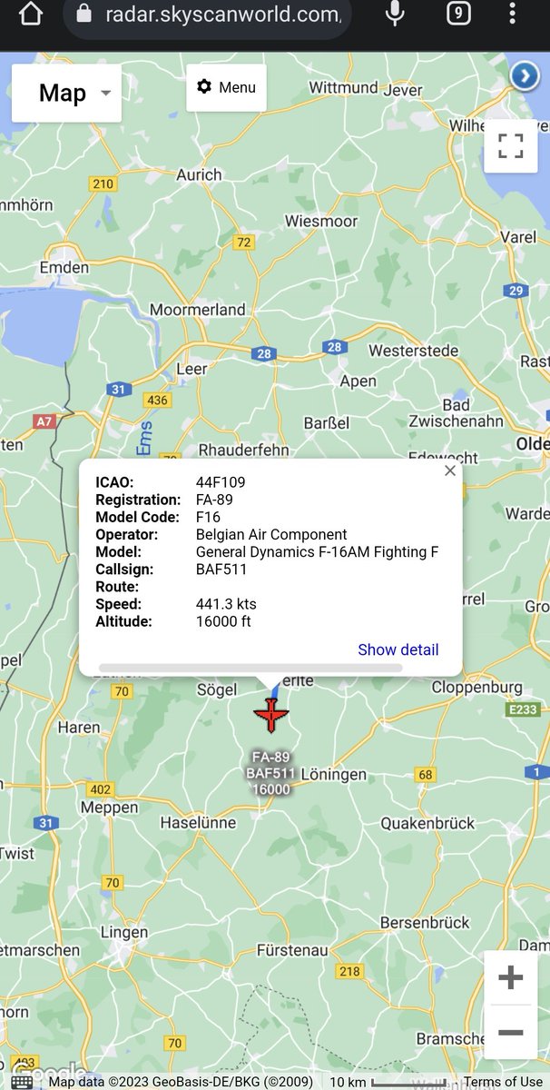 scan_sky's tweet photo. Belgian Air Component 🇧🇪 - F-16AM - FA-89 - #BAF511/#DETOX44 

Currently Squawking 7700 Over North West Germany 🇩🇪

Squawk 7700 Is Used To Indicate An Emergency Situation With The Aircraft. https://t.co/qHFethe3Dh