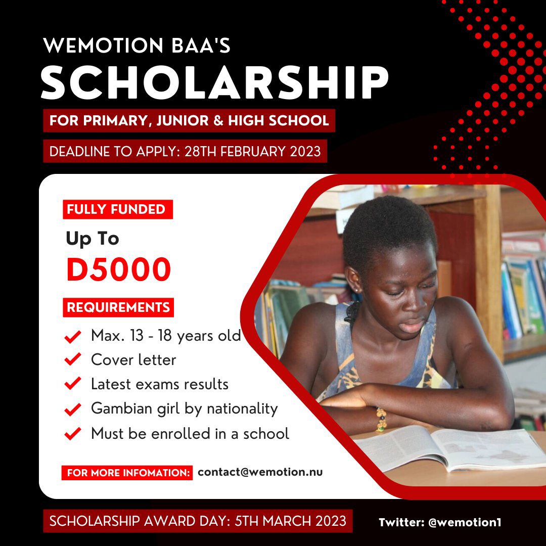 WeMotion1's tweet photo. We have just a few days to go before we announce the winner of the BAA's scholarships. Have you applied yet? If not, apply in the link below 👇🏿

https://t.co/kkR02lUyyP

#Gambia #ScholarshipGambia #gambiangirls #educationgambia #gambia https://t.co/uh9Zrz0xkC