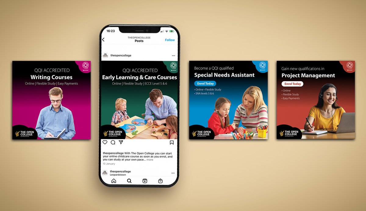 mmcreativeinfo's tweet photo. A recent series of social media posts that we designed for @TheOpenCollege - with a focus on colour theme for each course sector.   

#socialmediamarketing #socialmediadesign #digitaldesign #GraphicDesign #irishdesign #OnlineEducation https://t.co/MujzQueSuE