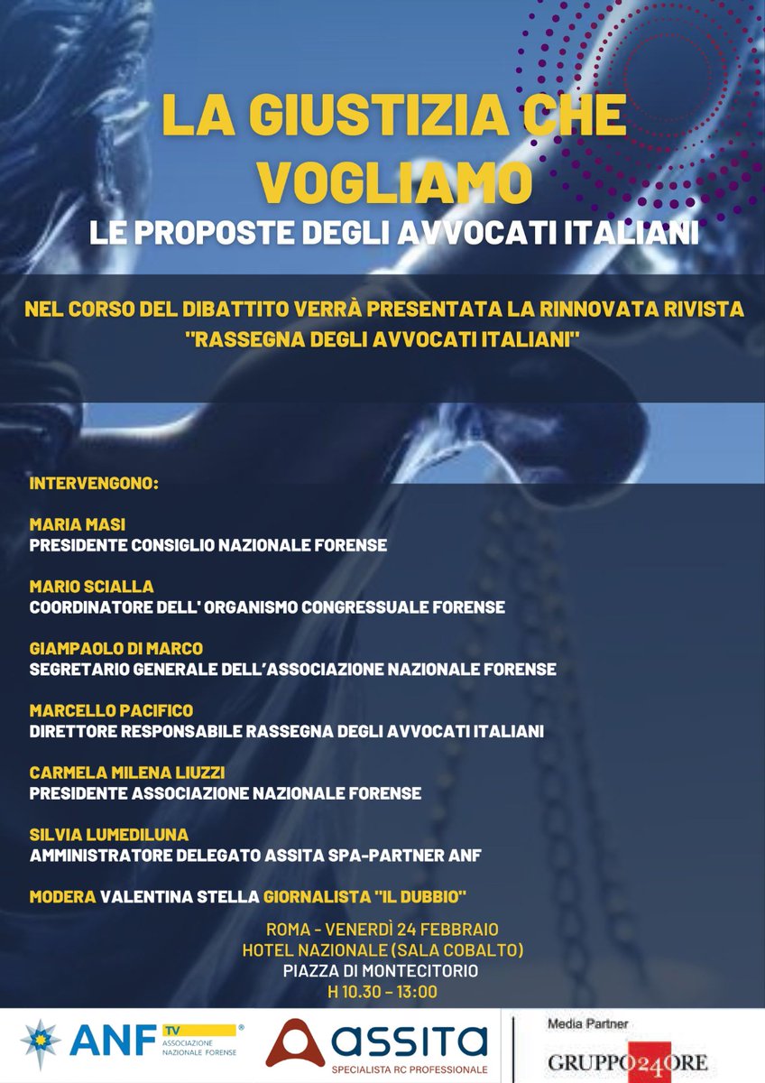 #GIUSTIZIA; DI MARCO (ASS. NAZ. FORENSE): SI ALLA SEPARAZIONE DELLE CARRIERE DEI #MAGISTRATI, MA SENZA NUOVE ASIMMETRIE CON #AVVOCATURA. QUESTA E’ “LA GIUSTIZIA CHE VOGLIAMO”, APPUNTAMENTO A ROMA IL 24 FEBBRAIO associazionenazionaleforense.it/giustizia-di-m…