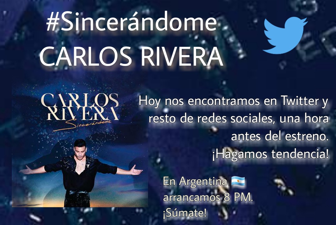 ClubSoloTu_Arg's tweet photo. ¡ES HOY! El gran lanzamiento de "Sincerándome" , lo nuevo de @_CarlosRivera 
9 PM hora Argentina 🇦🇷
Así que durante todo el día, y especialmente una hora antes, todos a full con #Sincerándome CARLOS RIVERA , mostrando nuestro apoyo.
¿Nos sumamos todos? https://t.co/WXRfyrKKTY