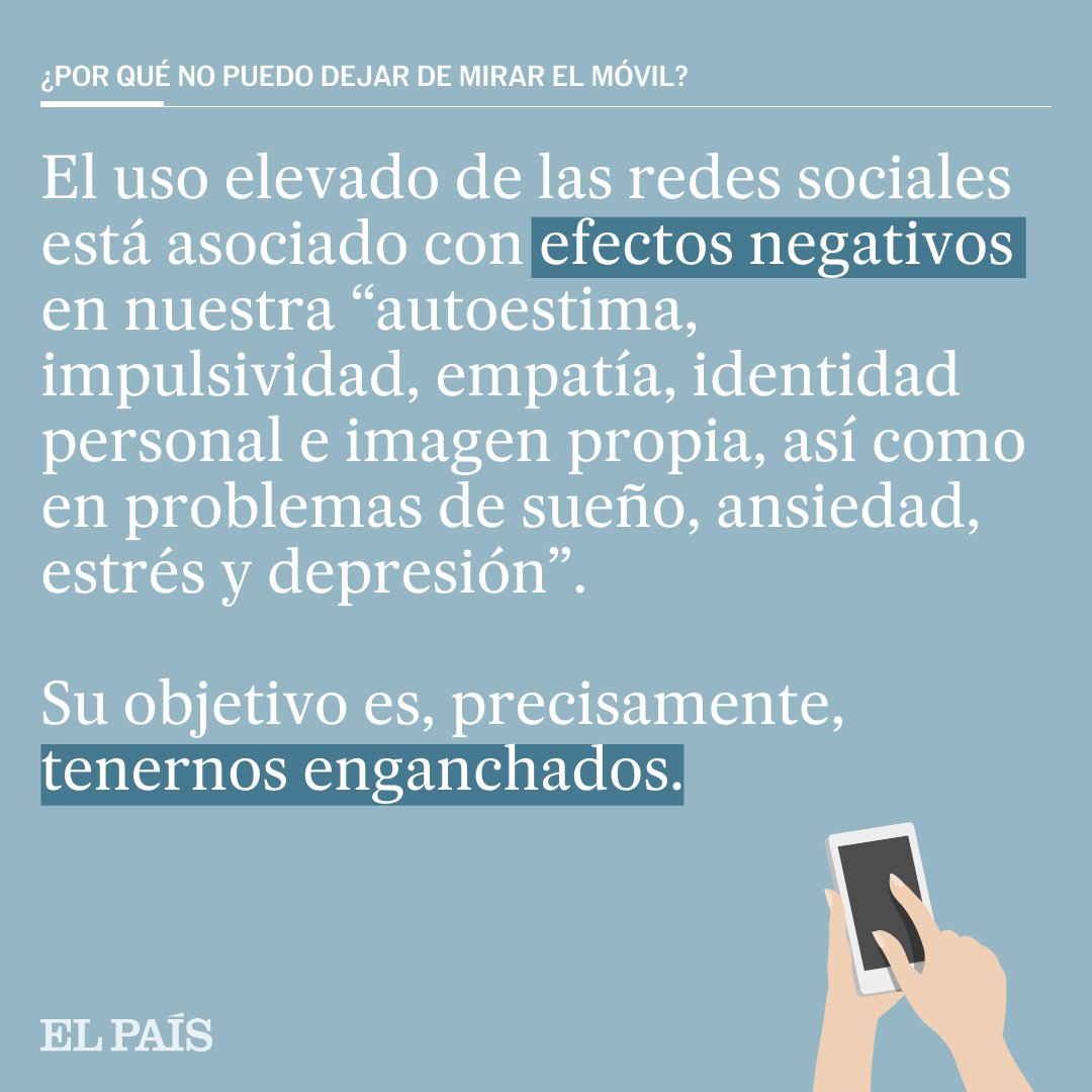 el_pais's tweet photo. El uso elevado del móvil está asociado con efectos negativos en la autoestima, con problemas de sueño, ansiedad, depresión... Y aun así, le dedicamos gran cantidad de tiempo al día. ¿Por qué no podemos dejar de mirar nuestro teléfono?  https://t.co/ThjMrGYxeN https://t.co/hn50k2Ask8