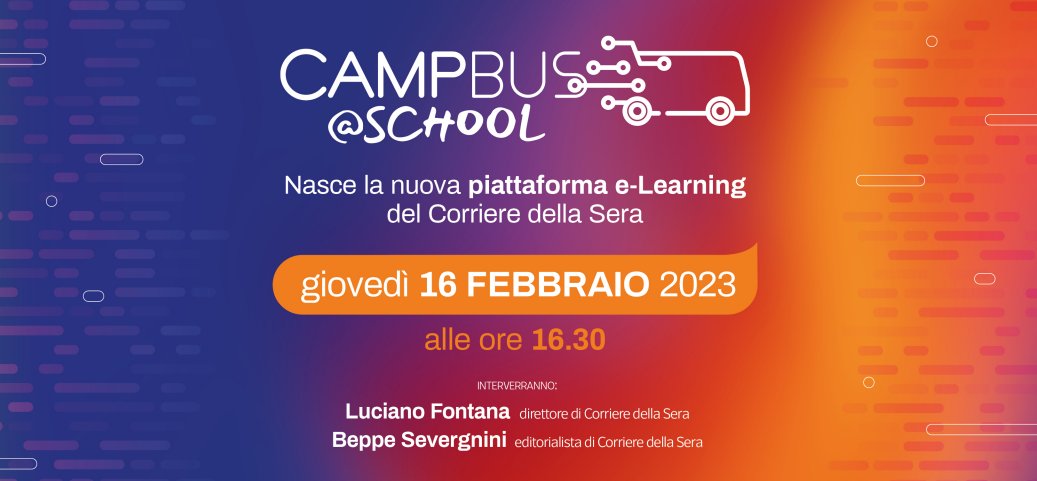 Corriere della Sera (@corriere) on Twitter photo CampBus@School: oggi alle 16.30 l’evento per scoprire la nuova piattaforma di e-learning del Corriere della Sera. Seguici qui --> eventi.corriere.it/a-scuola-con-c…
<a href="/CorriereLOGIN/">Corriere LOGIN</a> <a href="/lucfontana/">Luciano Fontana</a> <a href="/beppesevergnini/">beppe severgnini</a> <a href="/VitaDigitale/">Federico Cella</a> <a href="/mirovelli/">michela rovelli</a> CampBus@School: oggi alle 16.30 l’evento per scoprire la nuova piattaforma di e-learning del Corriere della Sera. Seguici qui --> eventi.corriere.it/a-scuola-con-c…
<a href="/CorriereLOGIN/">Corriere LOGIN</a> <a href="/lucfontana/">Luciano Fontana</a> <a href="/beppesevergnini/">beppe severgnini</a> <a href="/VitaDigitale/">Federico Cella</a> <a href="/mirovelli/">michela rovelli</a>