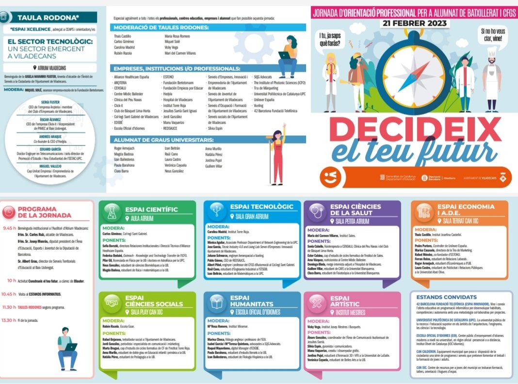 🔊El dimarts 21 de febrer tindrà lloc la 7a Jornada d'Orientació Professional a Viladecans: "Decideix el teu futur" amb l'objectiu d'ajudar als alumnes de 2n de batxillerat i CFGS en la seva tria d'estudis superiors.💡