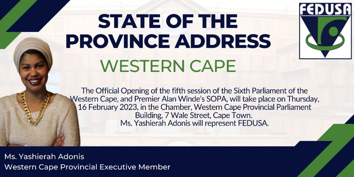 FEDUSAMedia's tweet image. Ms. Yashierah Adonis will represent FEDUSA at the Western Cape State of the Province Address that is taking place today.

#westerncapesopa 
#fedusacares #Altsa #Hospersa #Hiawu #Ibsa #Mtwu #Misa #Naptosa #Nasuwu
#Nulaw #Peu #Psa #Sacu #Saou #Saptu #Tenusa #Unipsawu #Untu